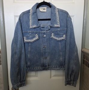 Savanna Jane Blue Boho Western Denim Jacket with Pearl Accents Size Large